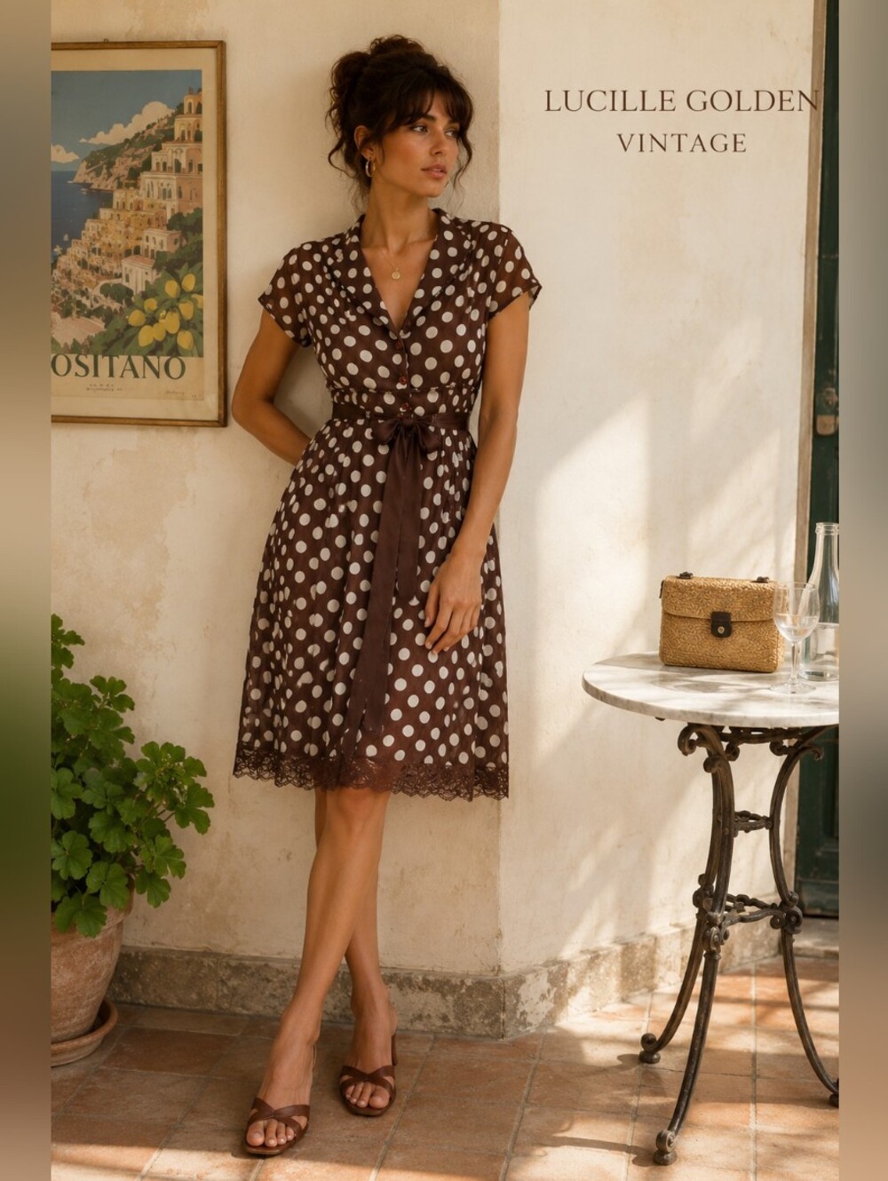 Y2K AGB Brown Polka Dot Midi Dress | Sheer Lace Trim Tie Waist Romantic Coquette